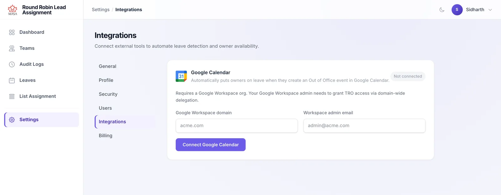 MASA Google Calendar integration that automatically puts reps on leave when they create an out-of-office event